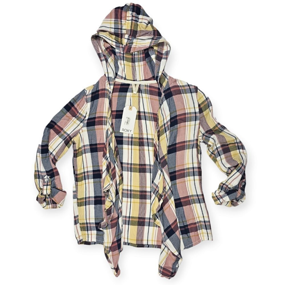 Roxy Plaid Hooded Ruffle Cardigan Women's‎ Size XS